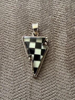 Sterling Silver Lightning Bolt Black and White Checkerboard Inlay Pendant
